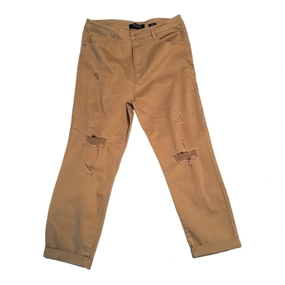 Risen Los Angeles Distressed Ankle Jeans with Cuff, Khaki, Size 2XL